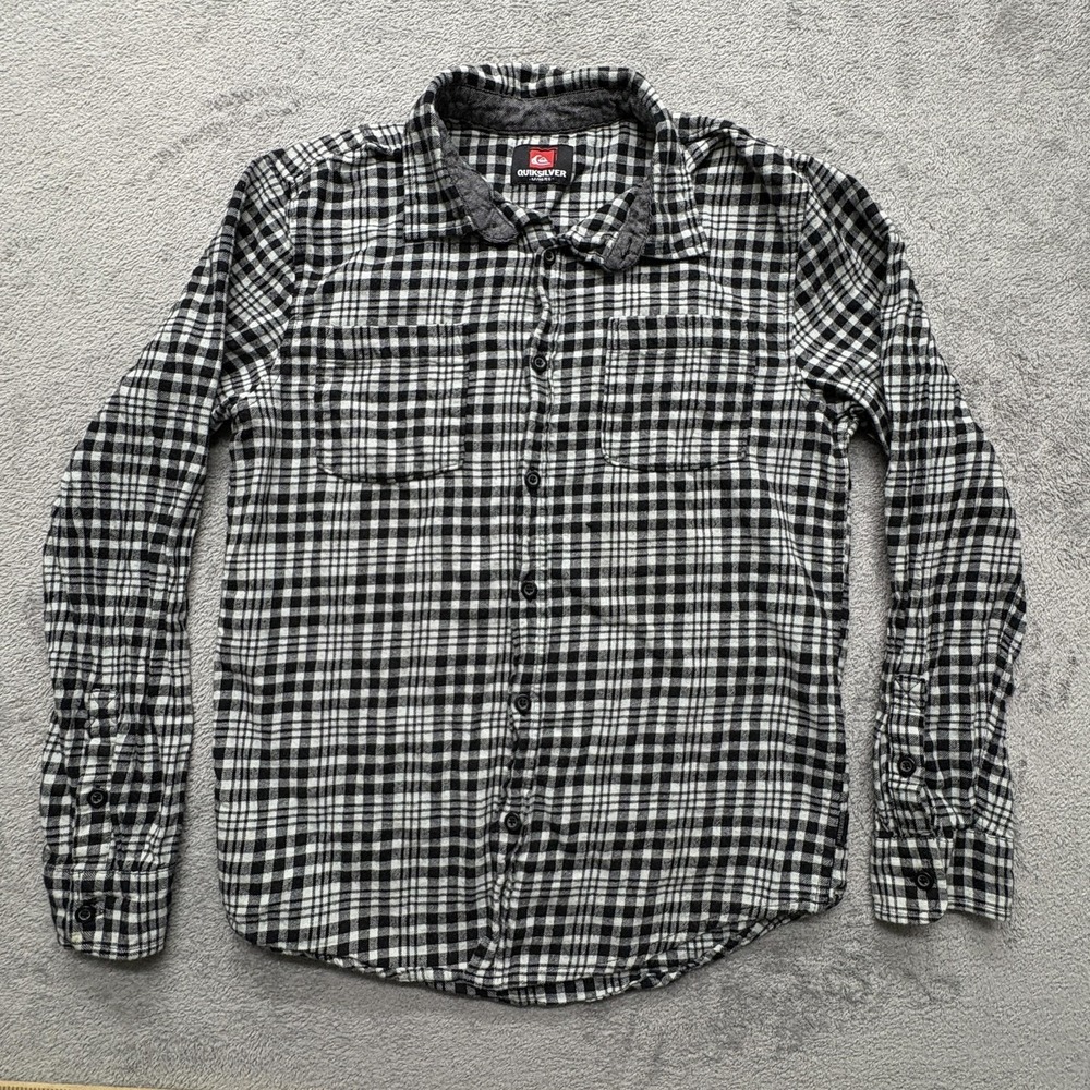 Quiksilver Shirt Mens Medium Black White Plaid Flannel Long‎ Sleeve Button Up